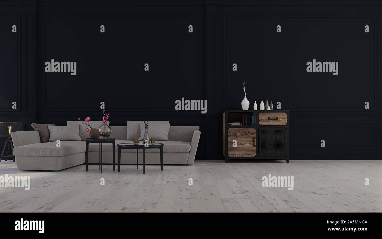 Dekorativer Hintergrund für Home, Office und Hotel. Modernes Design Wohnzimmer Sofa und modernen Details im Innenraum auf einem dunklen Hintergrund. Stockfoto