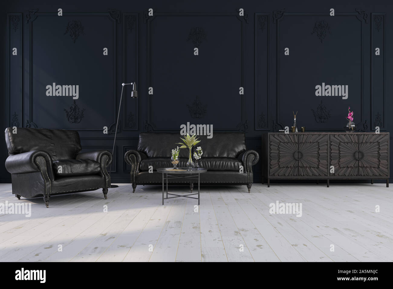 Dekorativer Hintergrund für Home, Office und Hotel. Modernes Design Wohnzimmer Sofa und Sessel in Leder schwarz mit modernen Details im Innenraum o Stockfoto