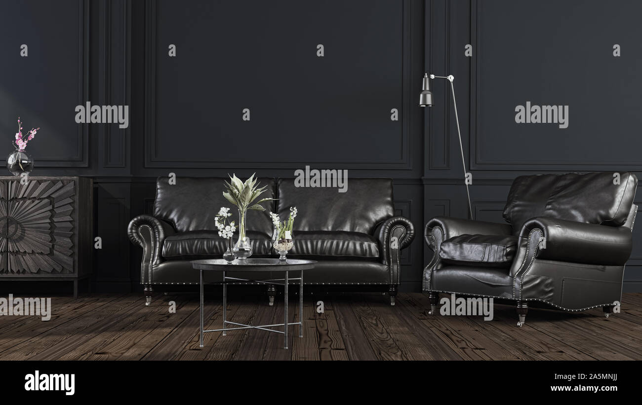 Dekorativer Hintergrund für Home, Office und Hotel. Modernes Design Wohnzimmer Sofa und Sessel in Leder schwarz mit modernen Details im Innenraum o Stockfoto