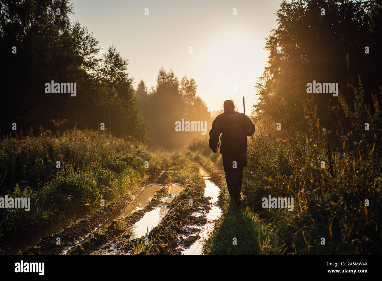 Vintage Hunter Spaziergänge im Wald unterwegs. Gewehr Hunter Silhouette in wunderschönen Sonnenuntergang bzw. Sonnenaufgang. Jäger mit Gewehr in den Wald. Stockfoto