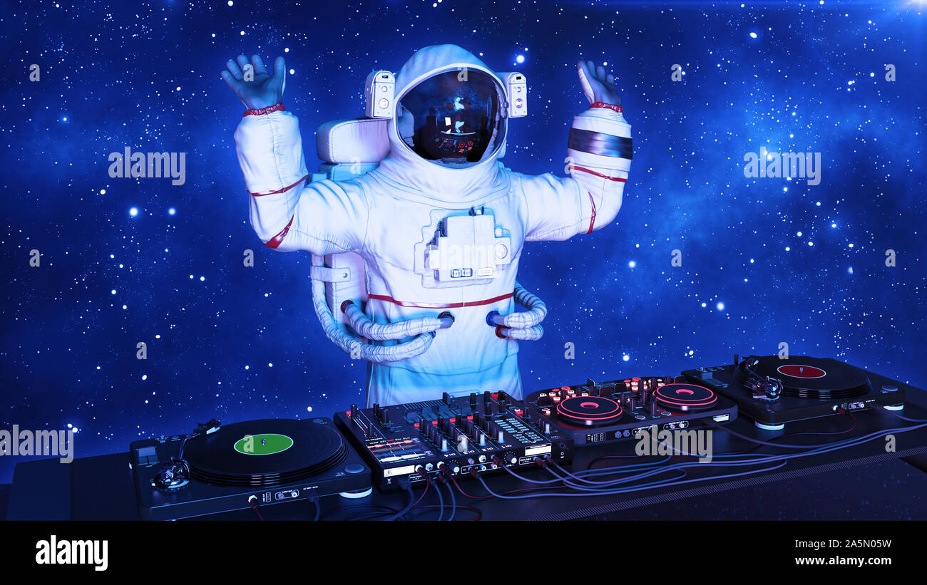 DJ Astronaut, disc jockey Spaceman mit Händen bis die Musikwiedergabe mit Turntables, Kosmonaut, der auf der Bühne mit Dj Audio Equipment, 3D-Rendering Stockfoto