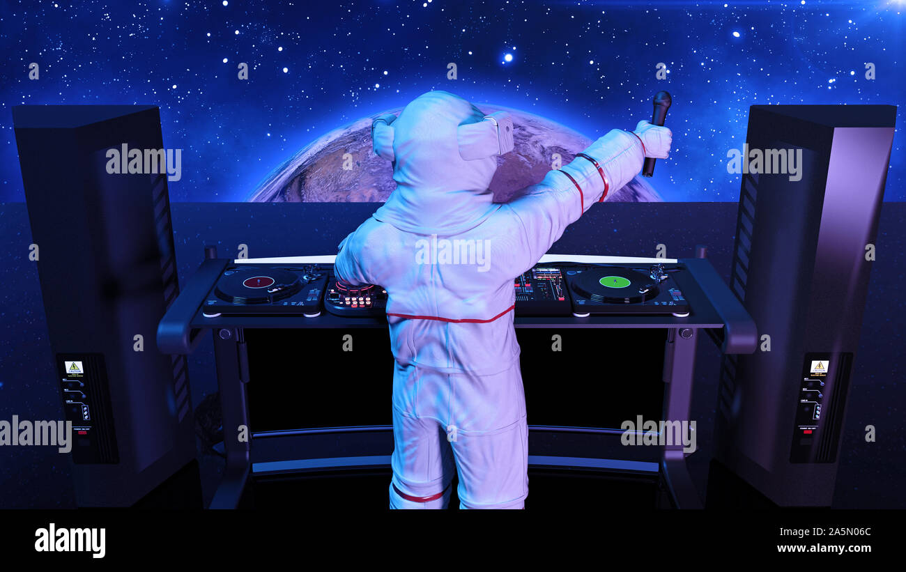 DJ Astronaut, disc jockey Spaceman mit Mikrofon Musik auf die Plattenteller, Kosmonaut, der auf der Bühne mit Dj Audio Equipment zurück, in 3D-Darstellung renderin Stockfoto