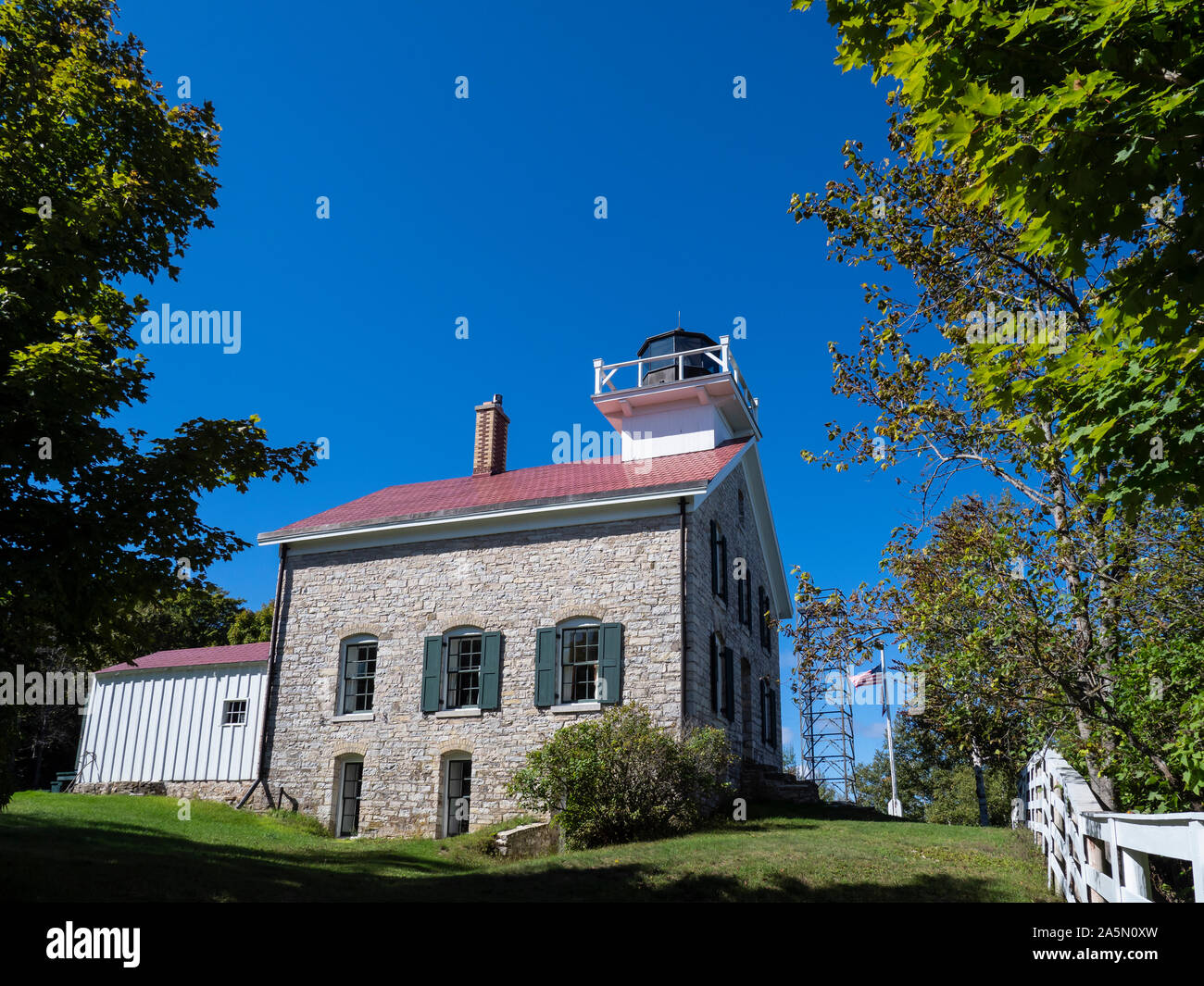 Pottawatomie Leuchtturm Exterieur, Rock Island State Park, Door County, Wisconsin. Stockfoto