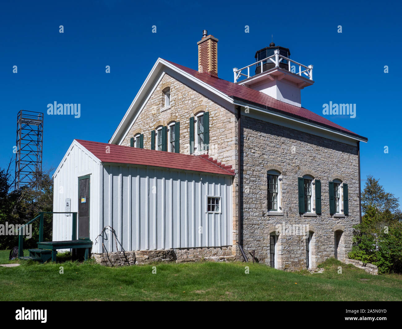 Pottawatomie Leuchtturm Exterieur, Rock Island State Park, Door County, Wisconsin. Stockfoto