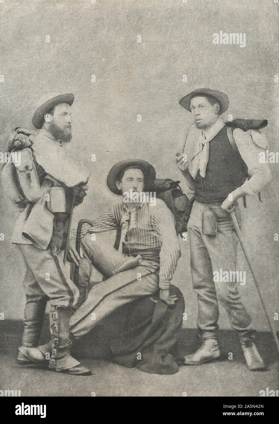 Augustus Saint-Gaudens (sitzend), George Dubois (links) und Ernest Mayor, während einer Walking Tour 1871 Stockfoto