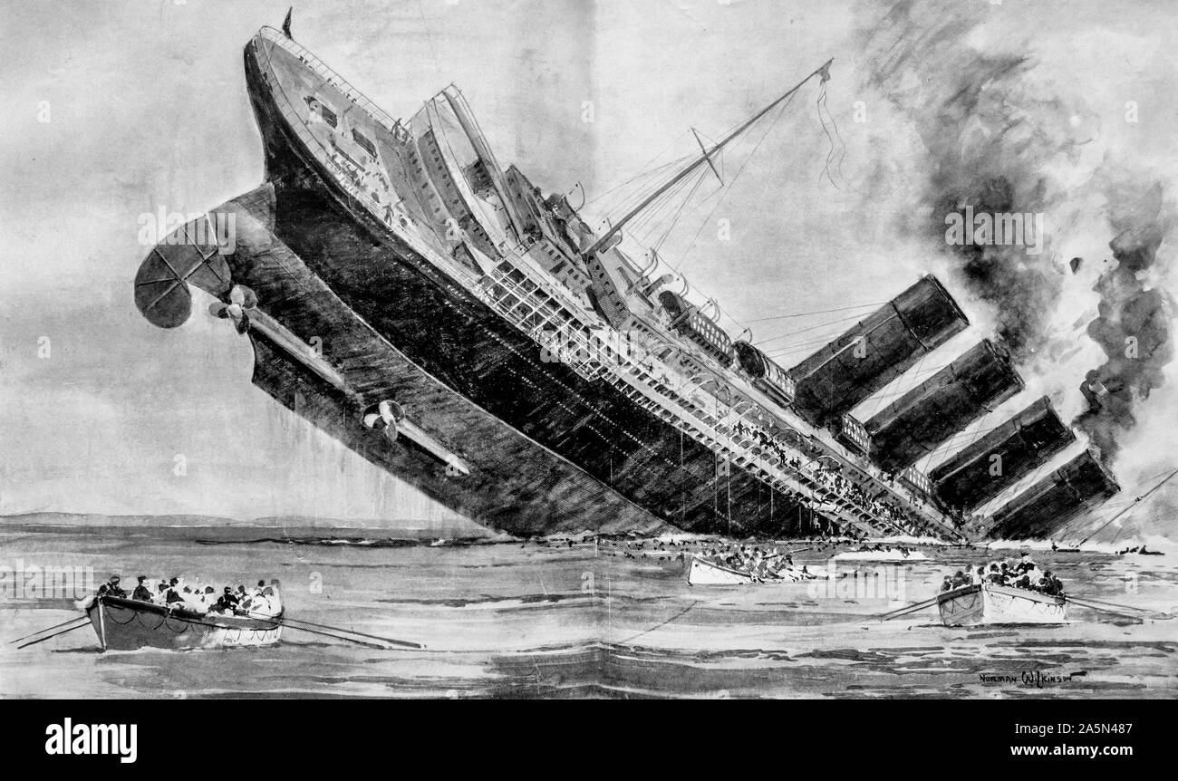 Versenkung der Lusitania. Gravur von Norman Wilkinson, der Illustrated London News, 15. Mai 1915. Stockfoto
