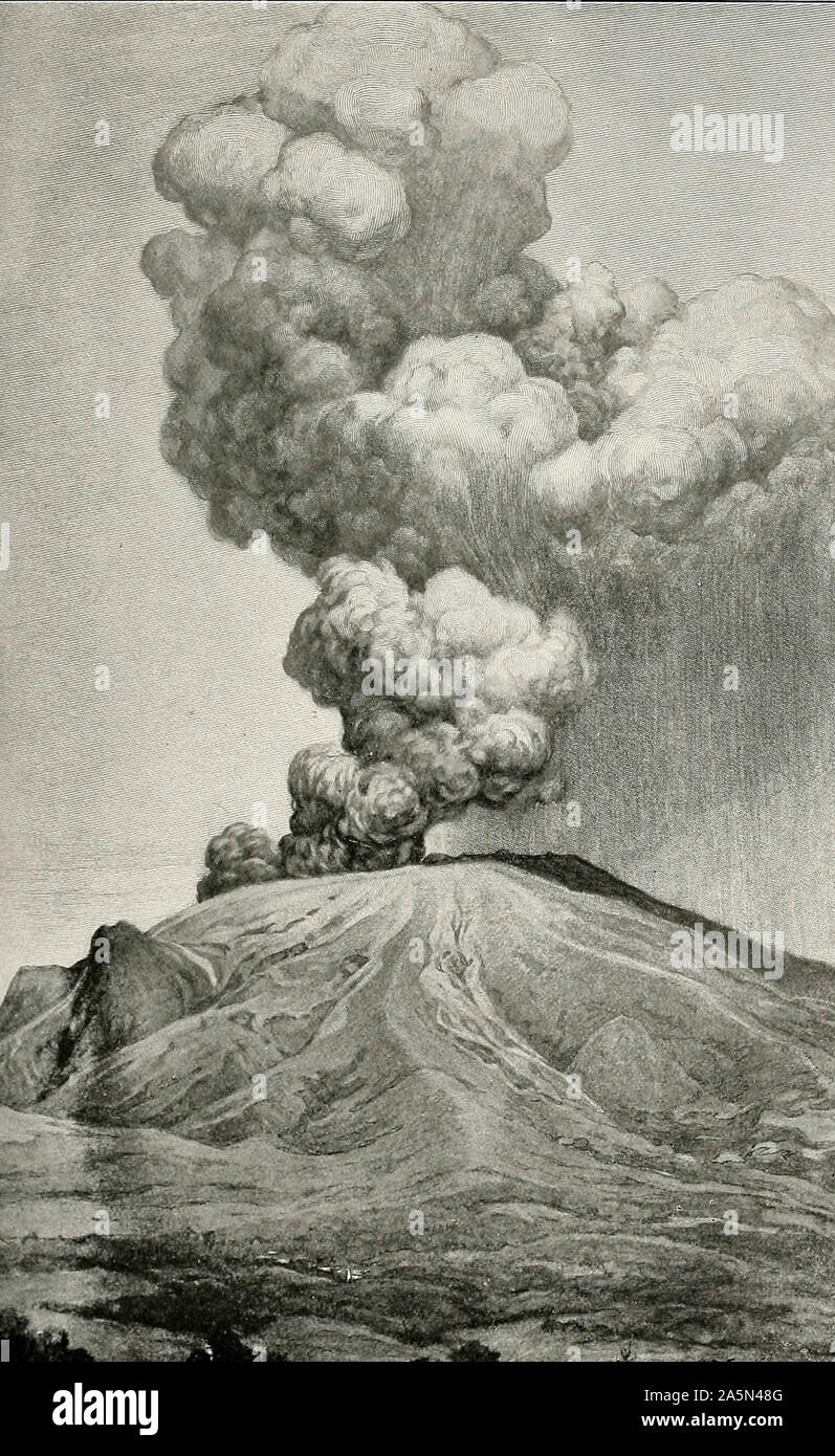 Mont Pelee von Vive, 27. Mai 1902. Die grosse Wolke aus Dampf und Rauch stieg Blumenkohl aus dem Gipfelkrater Form bis zu einer Höhe von zwei bis drei Meilen. Der absteigende Regenschauer und Asche zeigt auf der rechten Seite Stockfoto