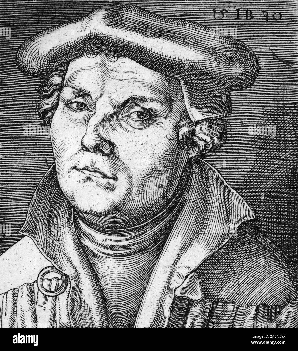1530 Kupferstich von Martin Luther (1483-1546), deutscher Professor, Theologe, und Schlüsselfigur in der Protestantischen Reformation, sowie als Übersetzer der Bibel in die deutsche Sprache. Stockfoto