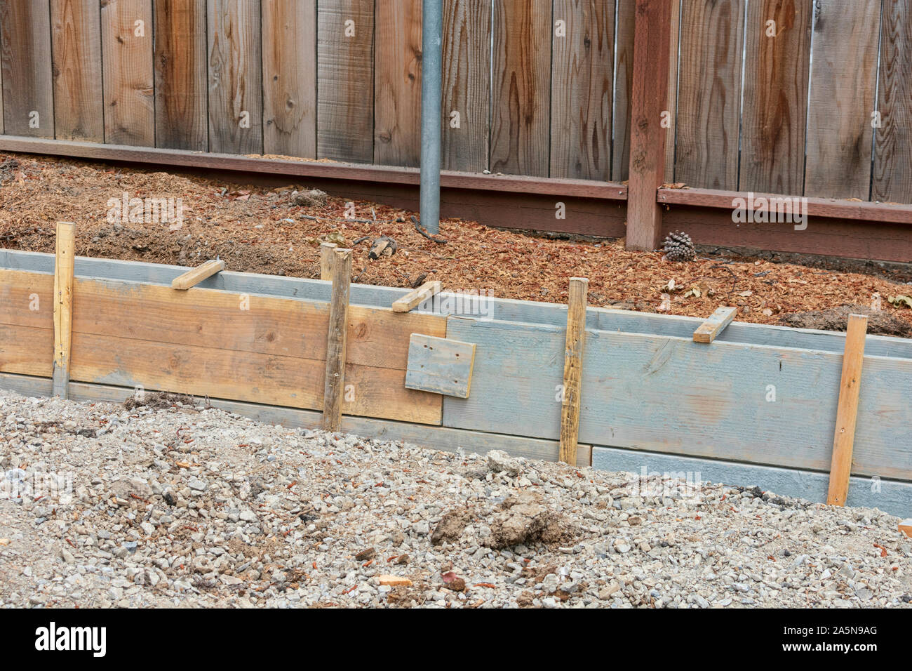 Betonaufkantung Bau. Ausgegraben. Holz Board befestigt aufrecht mit Holz Pfähle in den Boden getrieben. Gehsteig Bürgersteig Erneuerung. Stockfoto
