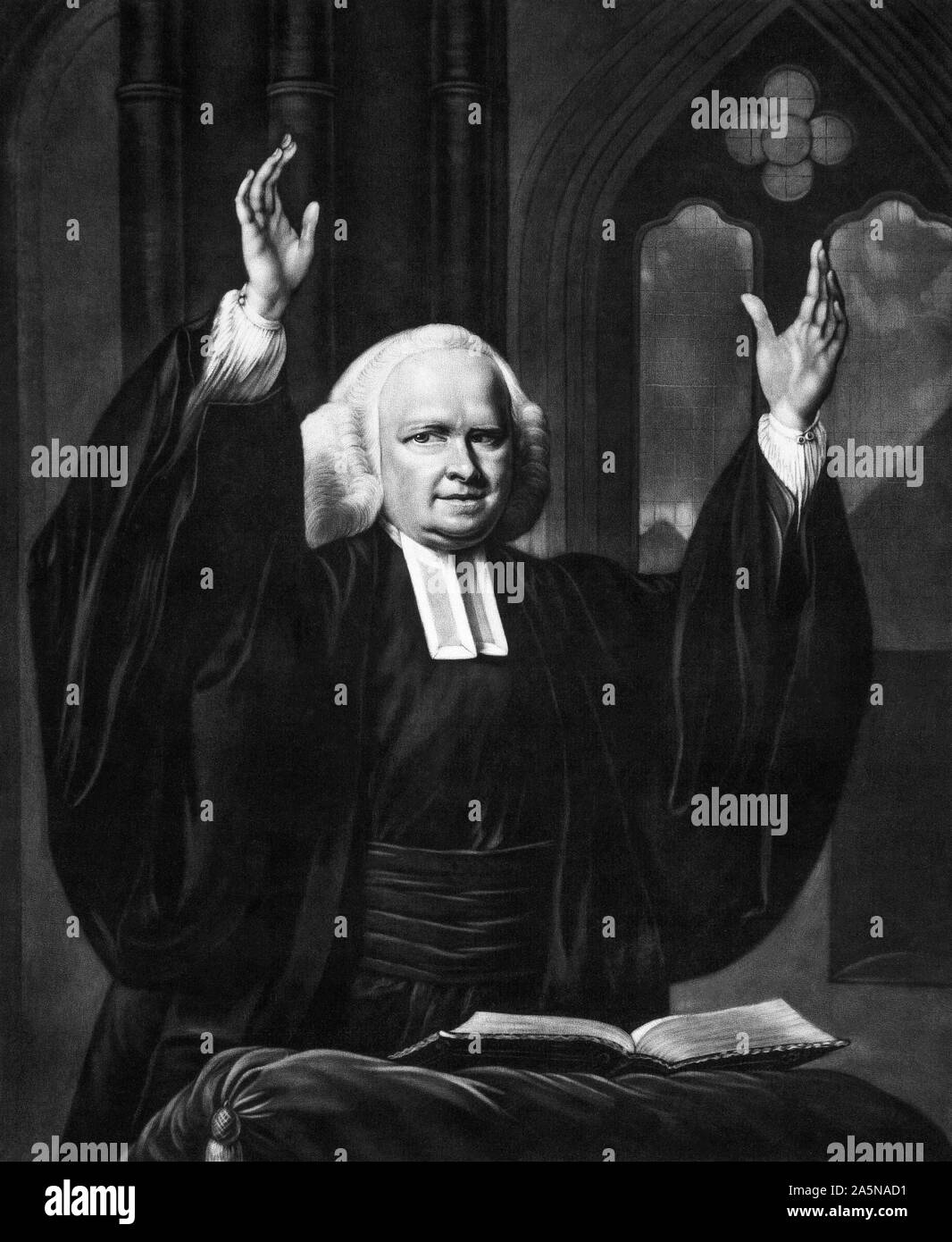 George Whitefield (1714-1770), dessen Name ausgesprochen wurde und manchmal Whitfield geschrieben, war ein populärer (und umstrittene) Englisch anglikanischen Evangelist und Wanderprediger, die Fahrstrecke und weitgehend in den amerikanischen Kolonien und dem Vereinigten Königreich gepredigt. Stockfoto
