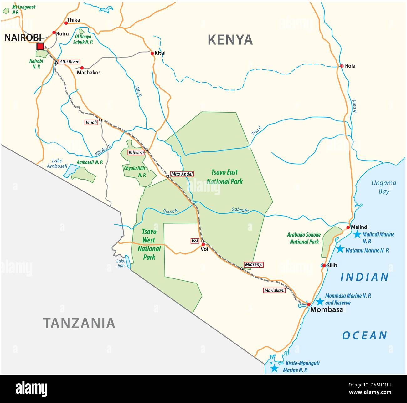 Mombasa Nairobi Railway map in Kenia Stock Vektor