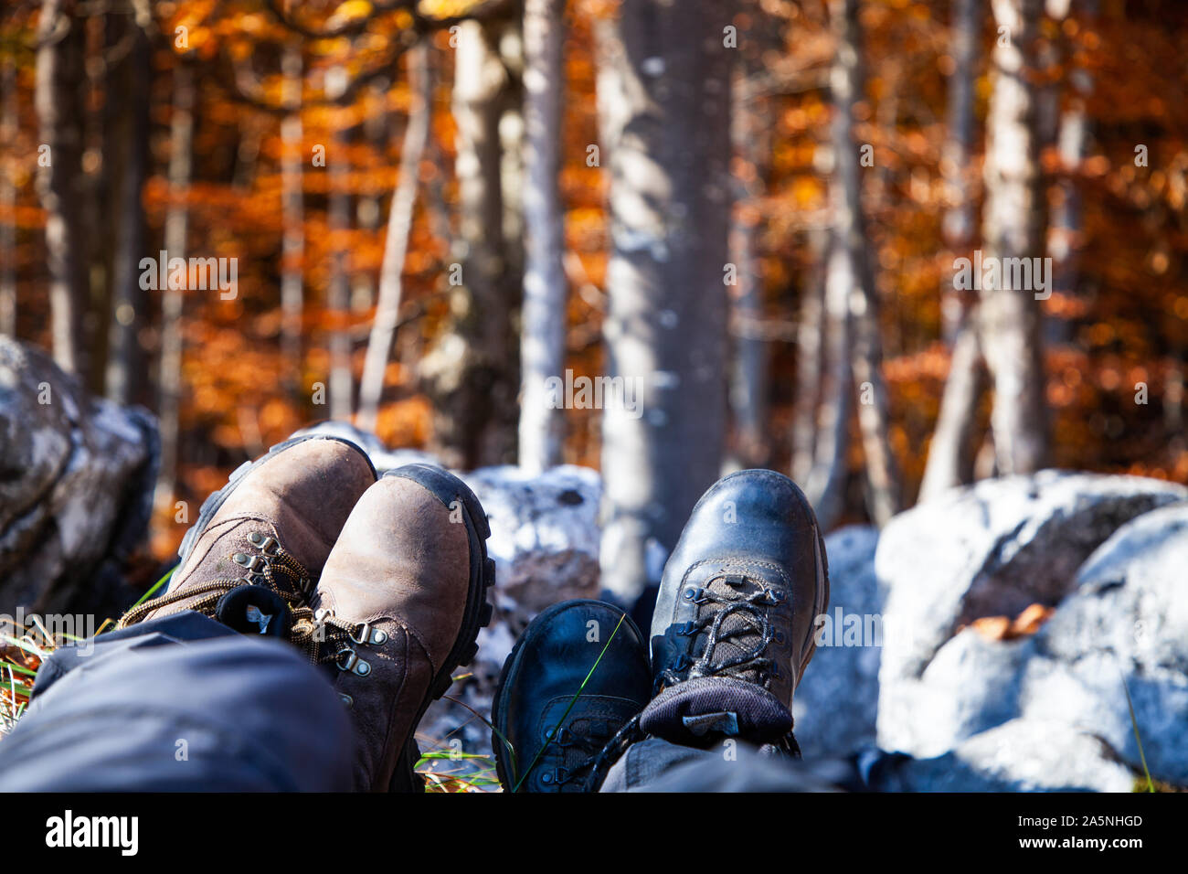 Paar Trekkingschuhe entspannen im Herbst Wald Stockfoto