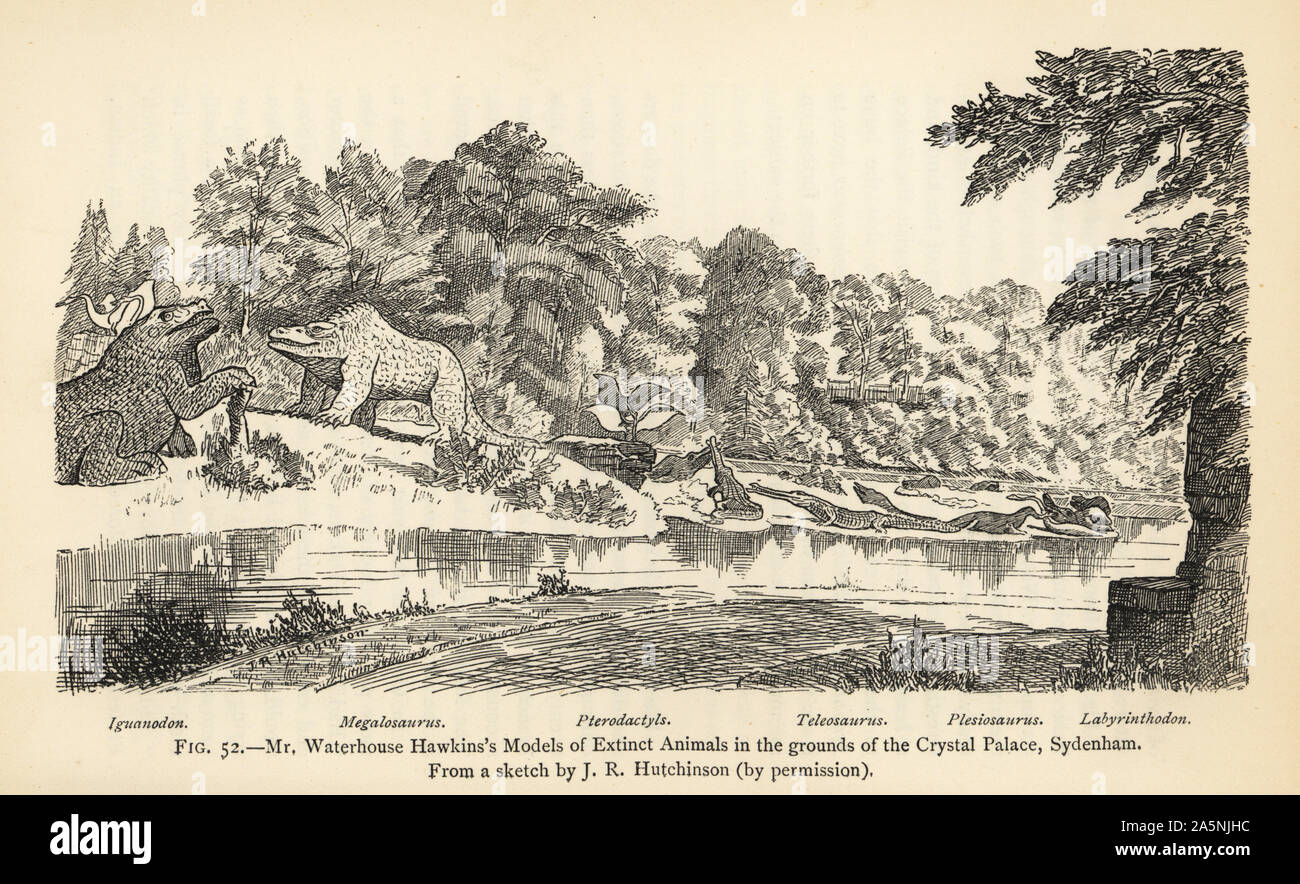 Benjamin Waterhouse Hawkins' Modelle ausgestorbener Tiere auf dem Gelände des Crystal Palace, Sydenham. Iguanodon bernissartensis, Megalosaurus bucklandii, Pterodactylus antiquus, Teleosaurus cadomensis, Plesiosaurus und dolichodeirus jaegeri Mastodonsaurus (Labyrinthodon). Gravur nach einer Illustration von J.R. Hutchinson von Henry Neville Hutchinson die Kreaturen von anderen Tagen, populäre Studium der Paläontologie, Chapman und Hall, London, 1896. Stockfoto