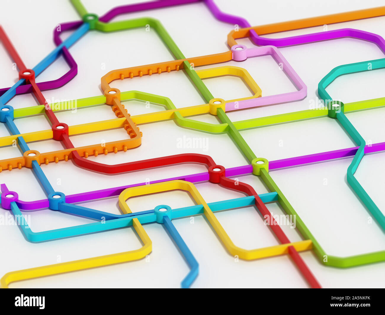 U-Bahn Karte bestehend aus bunten kreuzenden Linien. 3D-Darstellung. Stockfoto
