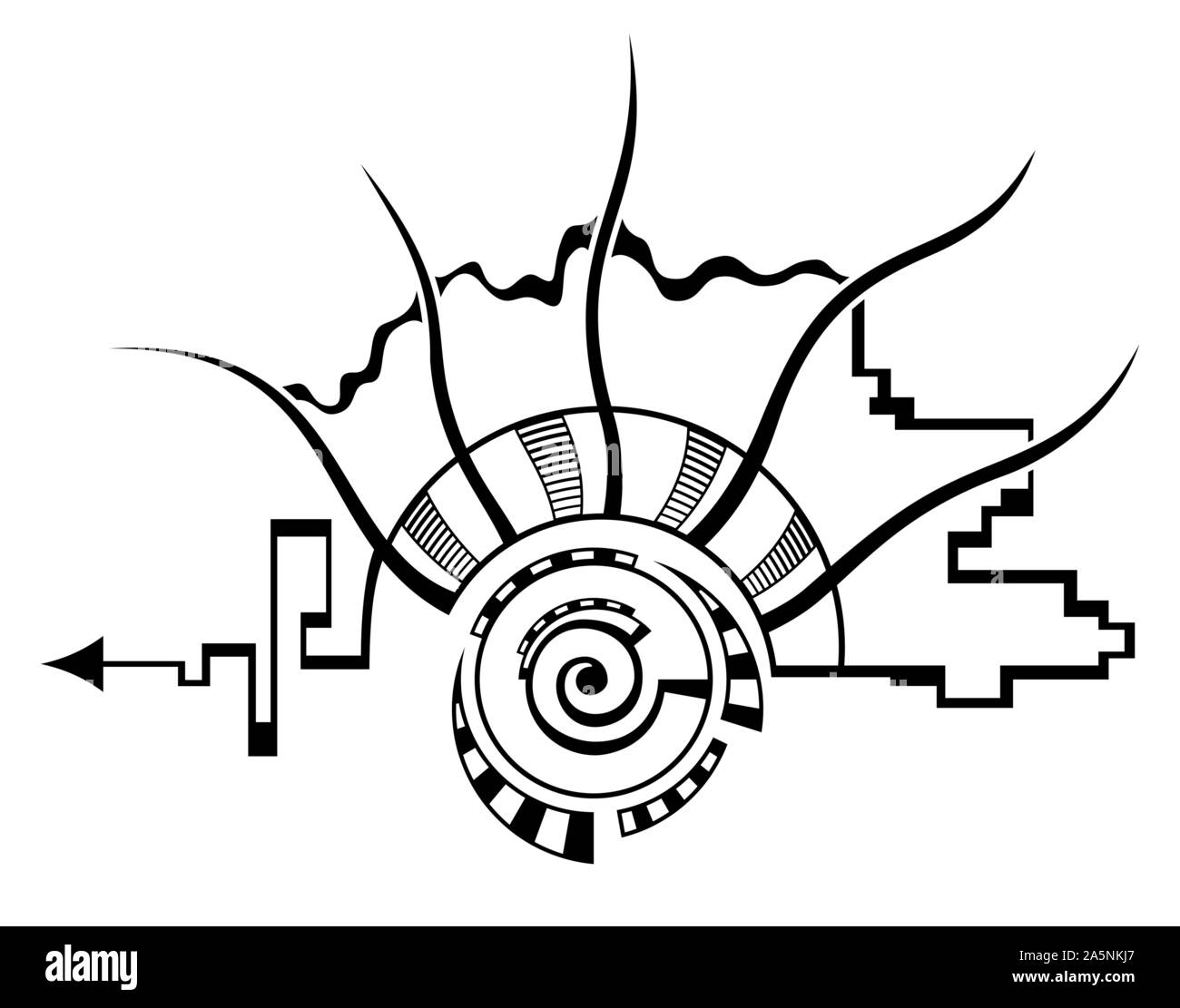 Abstrakte monochrome Illustration, auf weißem Hintergrund. Spirale, runde Form. Spirale Element mit gestrichelten Linien, segmentiert. Spirituelle Design. Stock Vektor