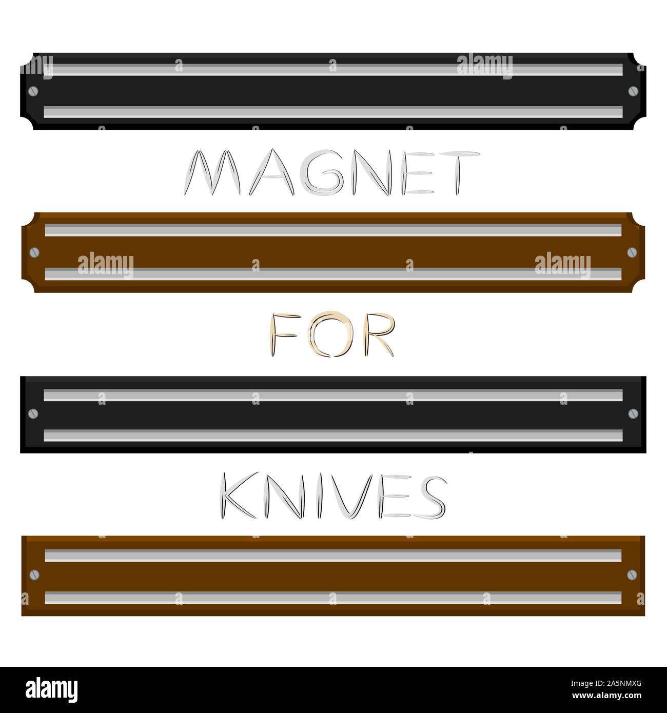 Abbildung auf Thema große farbige verschiedene Magnete unterschiedlicher Größe für Messer einstellen. Magnet Muster bestehend aus Sammlung Zubehör Messer i Stock Vektor
