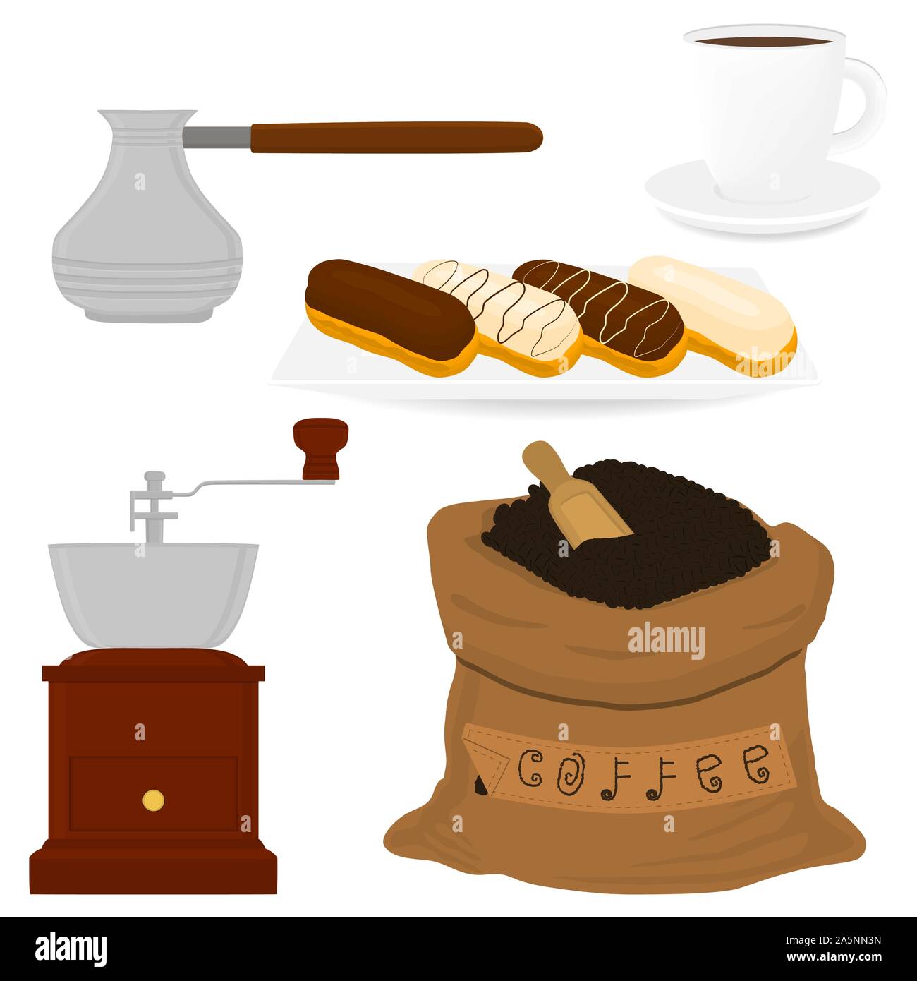 Abbildung: Symbol auf Thema große farbige verschiedene Arten Teekocher Sack, neue Größe logo Mühlen eingestellt. Mühle Muster bestehend aus Sammlung Zubehör zu Teekocher s Stock Vektor