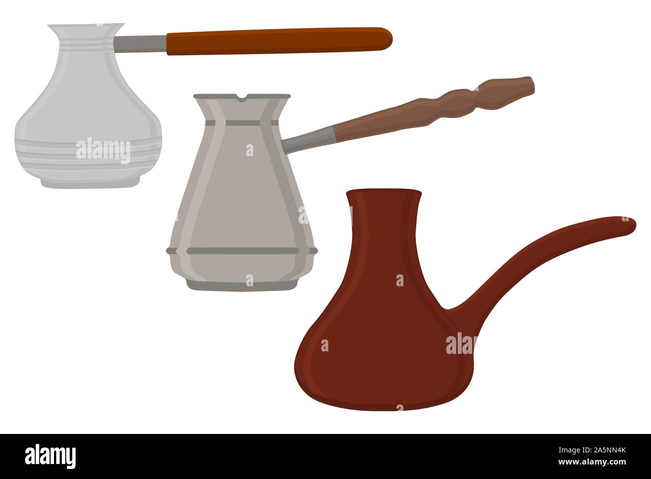 Abbildung auf Thema große farbige verschiedenen östlichen Kupfer Kaffee andere Größe cezves eingestellt. Cezve Muster bestehend aus Sammlung Zubehör Stock Vektor