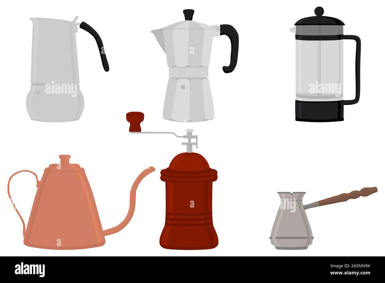 Abbildung: Symbol auf Thema große farbige verschiedene Arten Teekocher Wasserkocher, neue Größe logo Mühlen eingestellt. Mühle Muster bestehend aus Sammlung Zubehör zu Teekocher Stock Vektor
