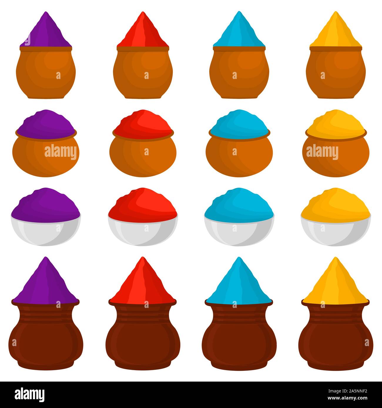 Abbildung: Thema große farbige Verschiedenen bunten Schüsseln, Pulver für Holi. Schüssel Muster bestehend aus Sammlung Zubehör Pulver fes zu Holi Stock Vektor
