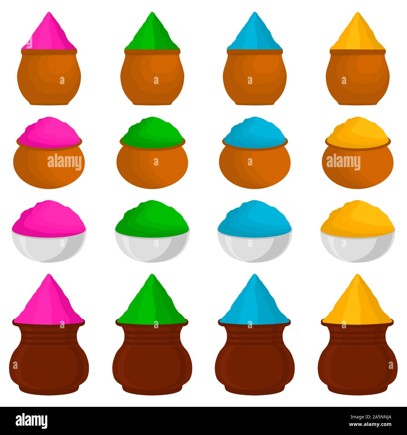 Abbildung: Thema große farbige Verschiedenen bunten Schüsseln, Pulver für Holi. Schüssel Muster bestehend aus Sammlung Zubehör Pulver fes zu Holi Stock Vektor