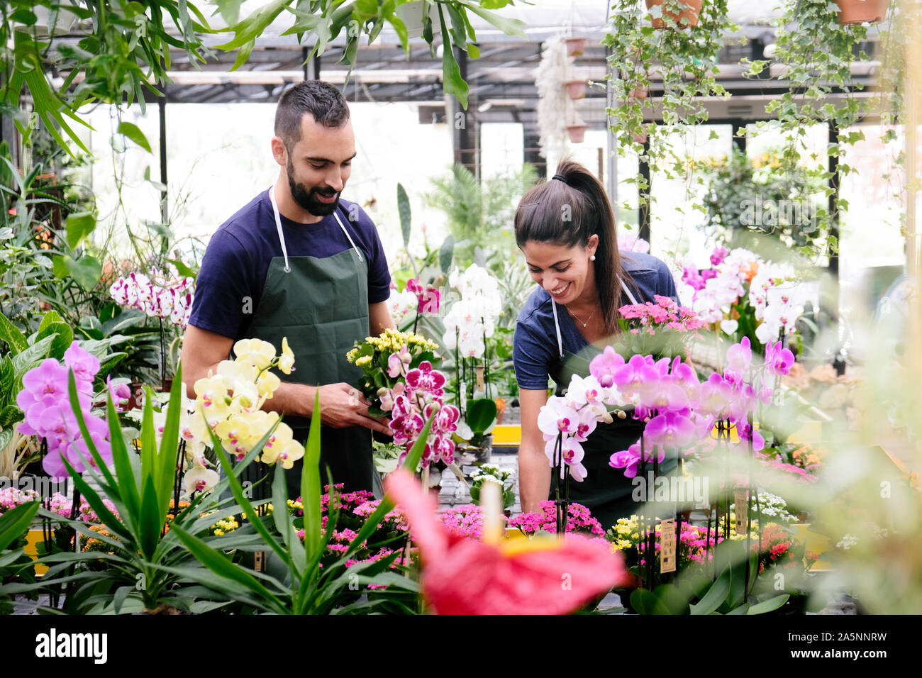 Teamwork mit glücklichen Mitarbeitern bei der Arbeit im Blumengeschäft Stockfoto
