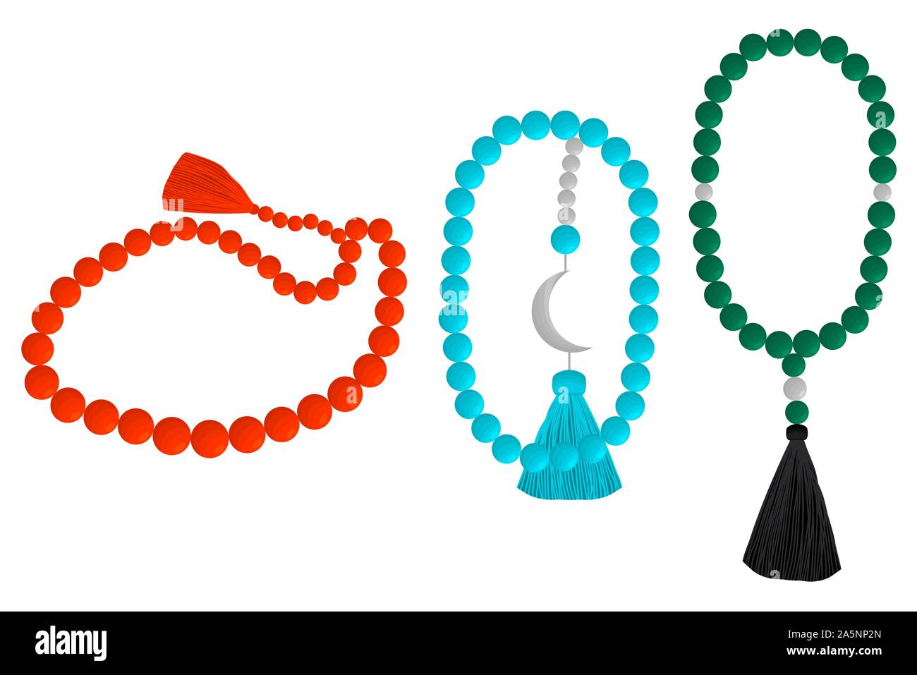 Abbildung auf Thema große farbige verschiedene Arten von Perlen für Rosenkranz mit Quaste. Raupe Muster bestehend aus Sammlung Zubehör schöne rosar Stock Vektor