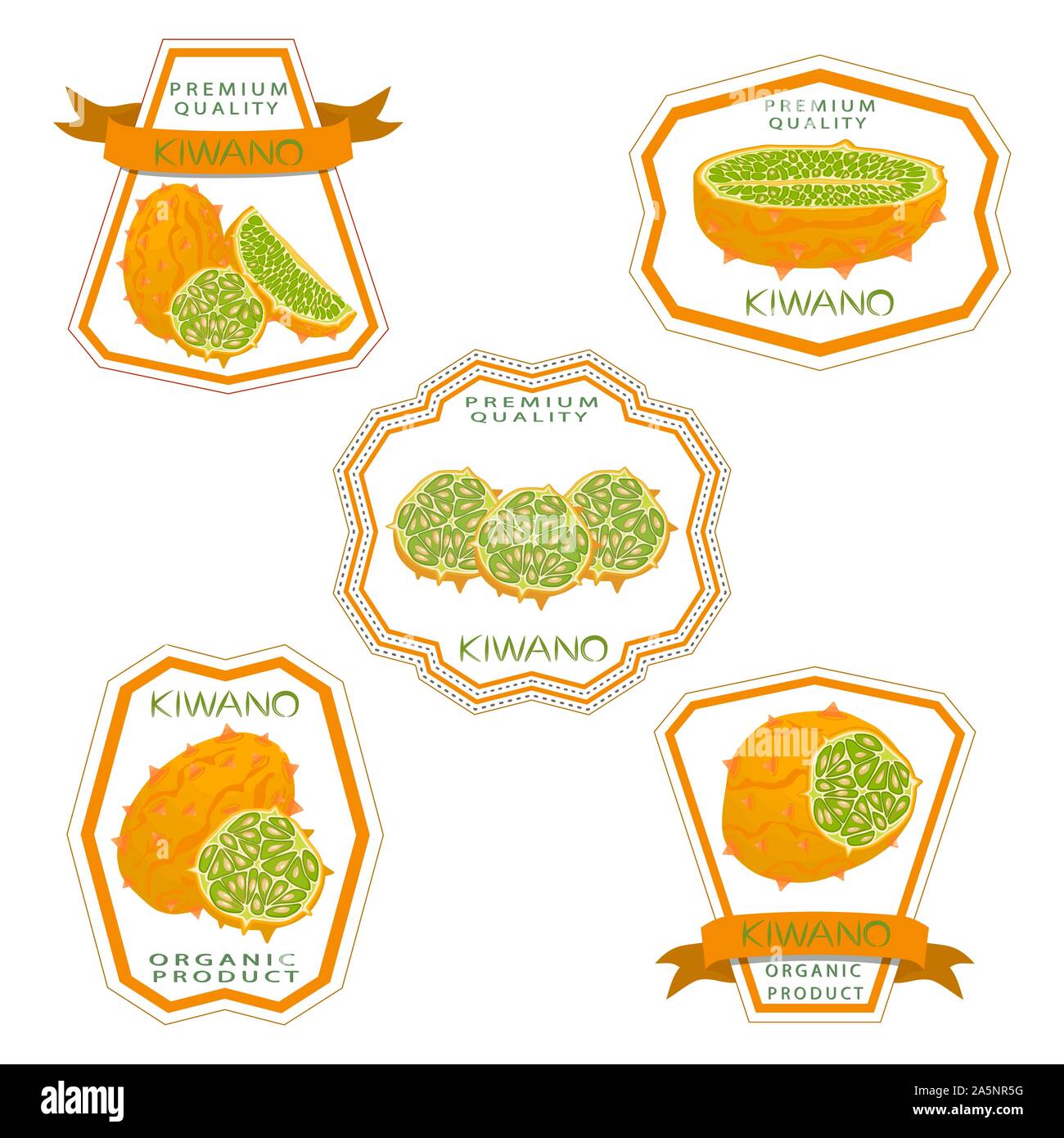 Abbildung auf Thema große verschiedene afrikanische kiwano, grüne Stengel, Melone verschiedener Größe. Kiwano Muster bestehend aus Sammlung Mahlzeit Melone für o Stock Vektor