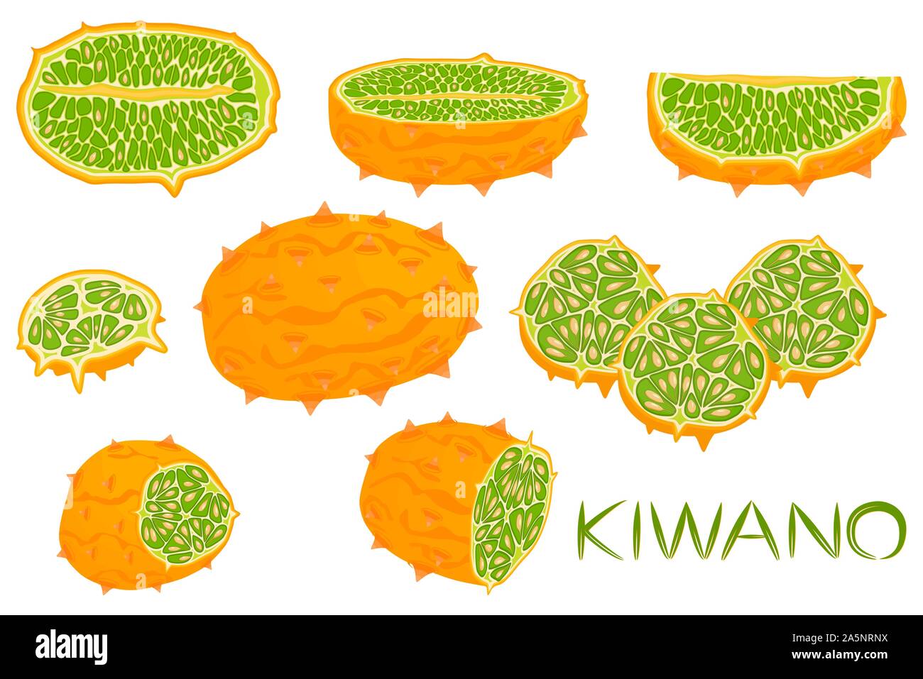 Abbildung auf Thema große verschiedene afrikanische kiwano, grüne Stengel, Melone verschiedener Größe. Kiwano Muster bestehend aus Sammlung Mahlzeit Melone für o Stock Vektor