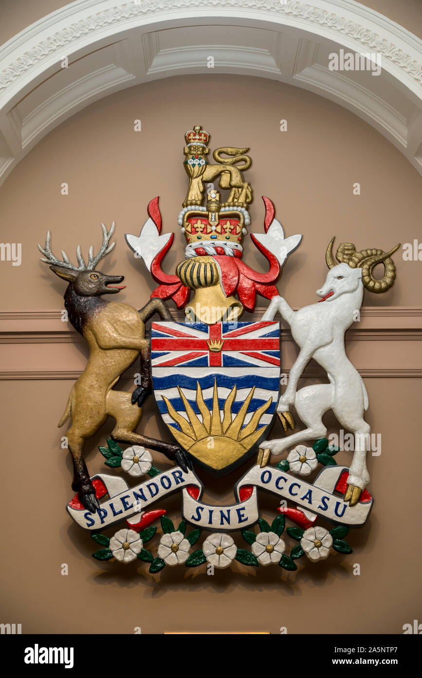 Victoria, British Columbia, Kanada. Parlament Gebäude. Wappen von British Columbia. Stockfoto