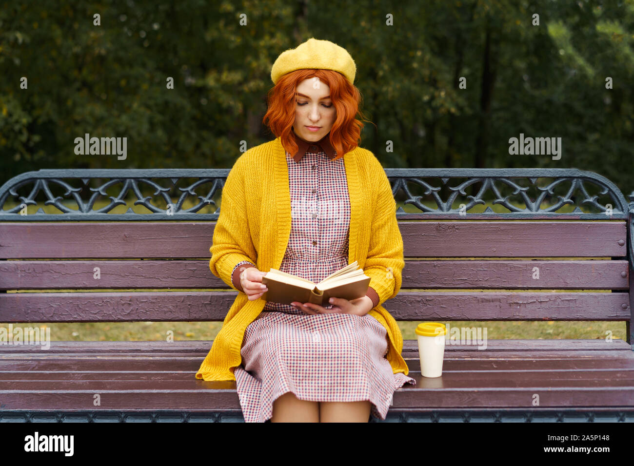 Ein schönes Mädchen mit einem Curly Frisur sitzt auf einer Parkbank und Lesen Stockfoto