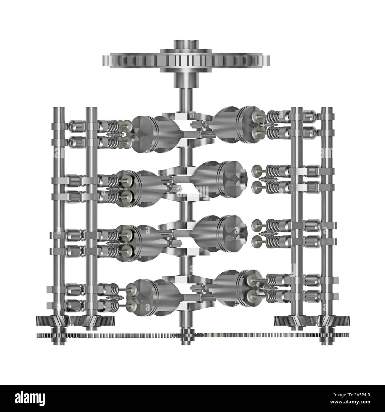 Innenseiten v8-Motor auf weißem Draufsicht isoliert. 3D-Rendering Stockfoto