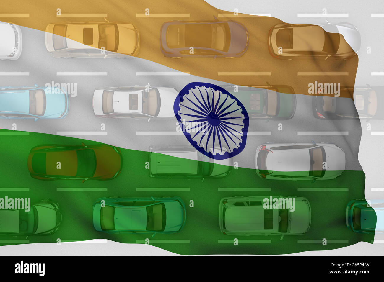 Fluss des Autos scheint durch die Flagge von Indien. 3D-Rendering Stockfoto