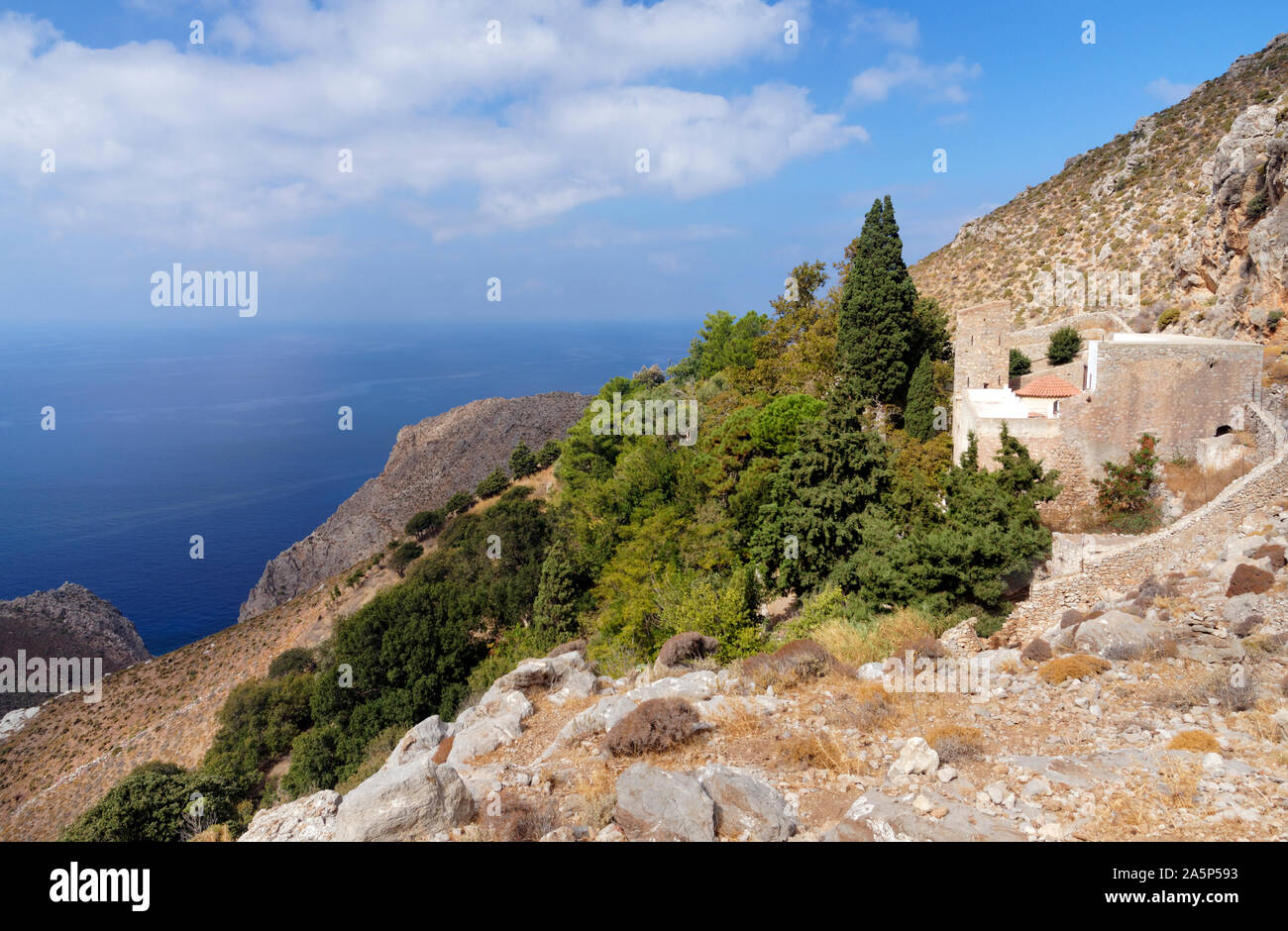 Kloster Agios Panteleimonas,, Tilos, Dodecanese Inseln, südliche Ägäis, Griechenland. Stockfoto