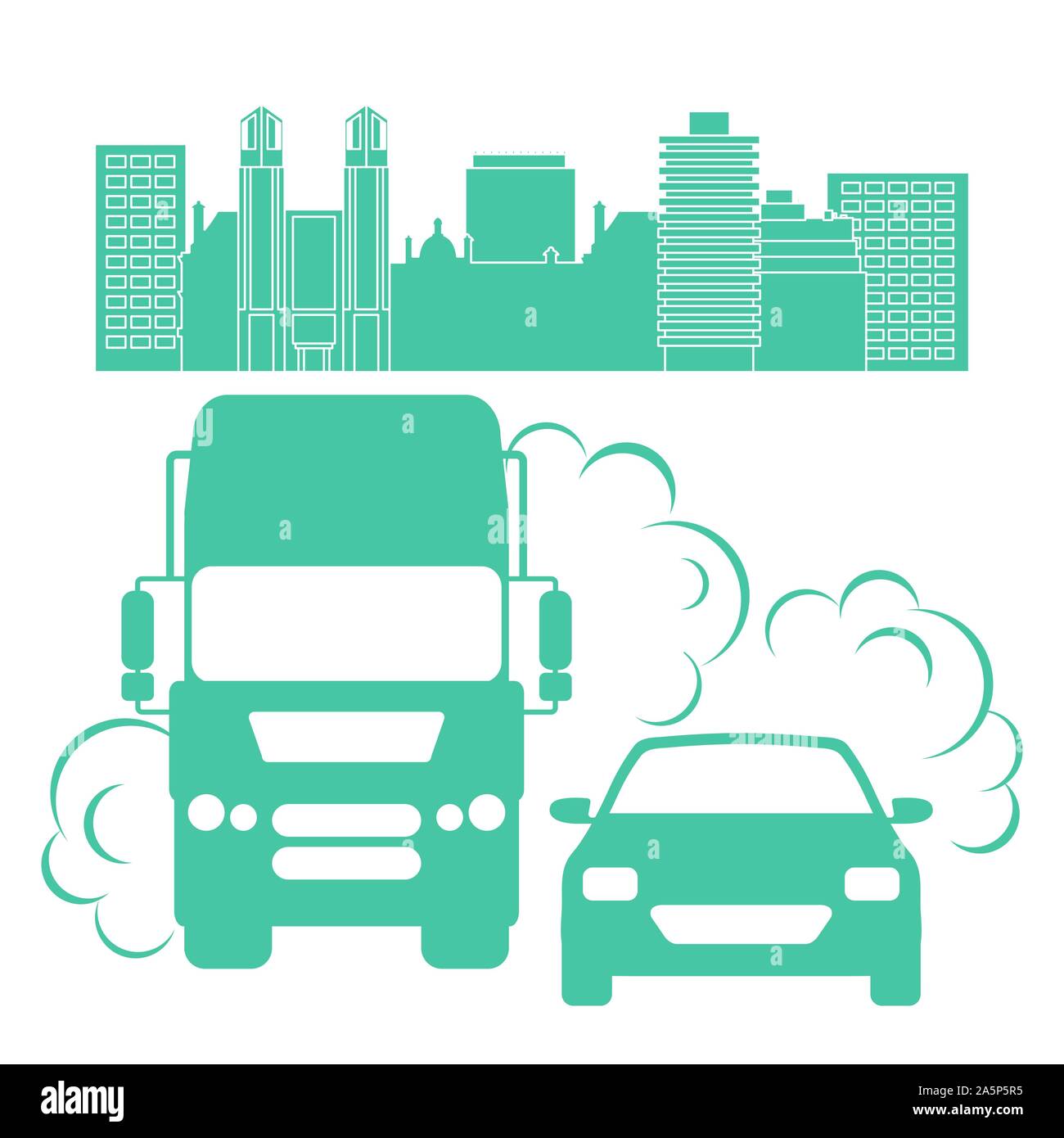 Vector Illustration mit Auto, strahlt Elektrosmog Auspuffanlage, Stadt. Umweltverschmutzung Konzept. Die Emissionen von Kohlendioxid. Rauch Schadstoff, Beschädigung, contaminat Stock Vektor