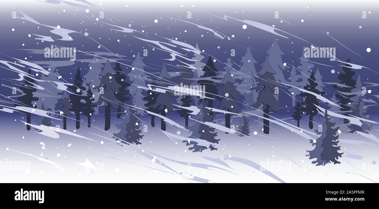 Schneefall Landschaft im Spruce Tree Wald, Winterurlaub Hintergrund, eisigen Schneesturm, Schneeflocken und Schneeverwehungen, Vector Illustration Stock Vektor