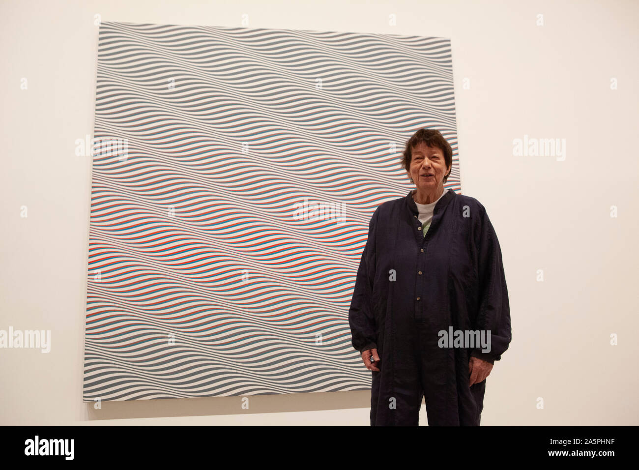 Eine retrospektive der Arbeiten von Britischen op- spezialist Bridget Riley öffnet sich an der Hayward Gallery an der Southbank. Der Künstler, jetzt 88 Jahre alt, wird hier mit ihrer Arbeit "Katarakt 3' von 1967 gesehen. Stockfoto