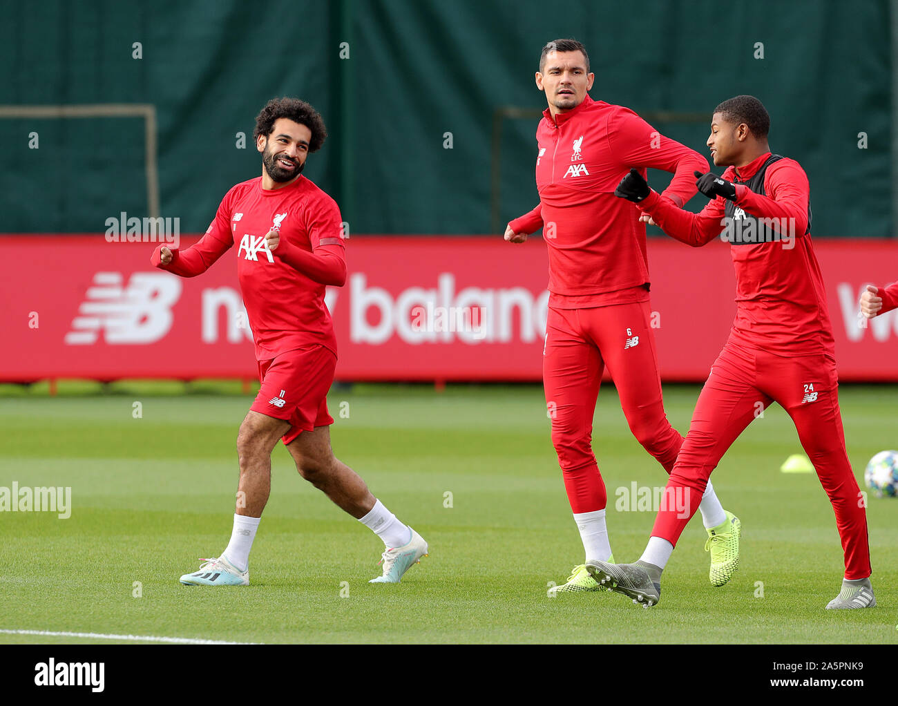 Liverpools Mohamed Salah (links), Dejan Lovren (Mitte) und Rhian Brewster während einer Trainingseinheit am Melwood Training Ground, Liverpool. Stockfoto