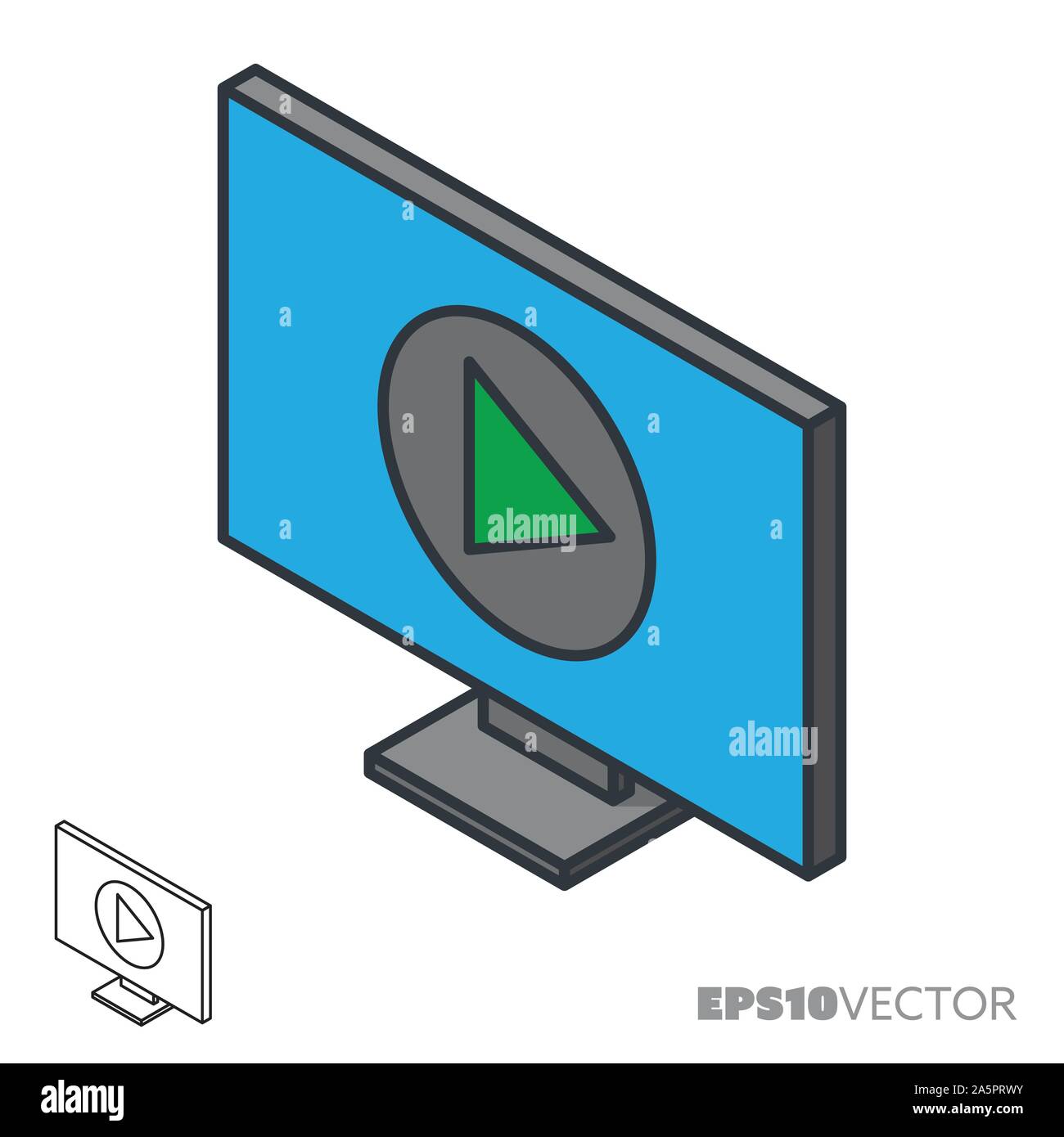 Flatscreen-TV Set isometrische Symbol, Gliederung und gefüllte digitale Medien Symbole. Unterhaltung und Elektronik Konzept Vector Illustration. Stock Vektor