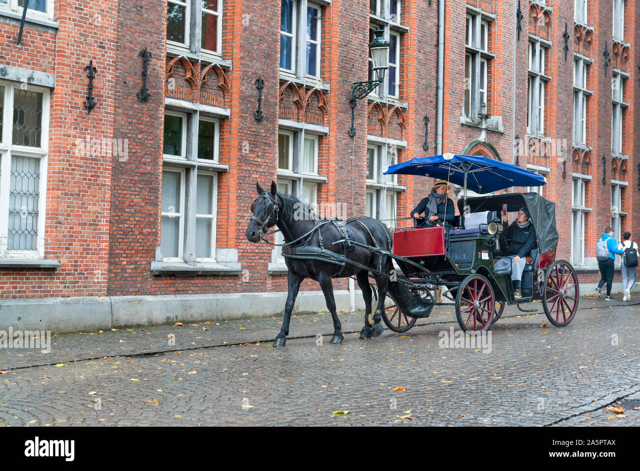 Brügge, Belgien, 11. Oktober 2019: Pferdekutsche auf der Straße und Tourist, Foto der Treiber. Stockfoto