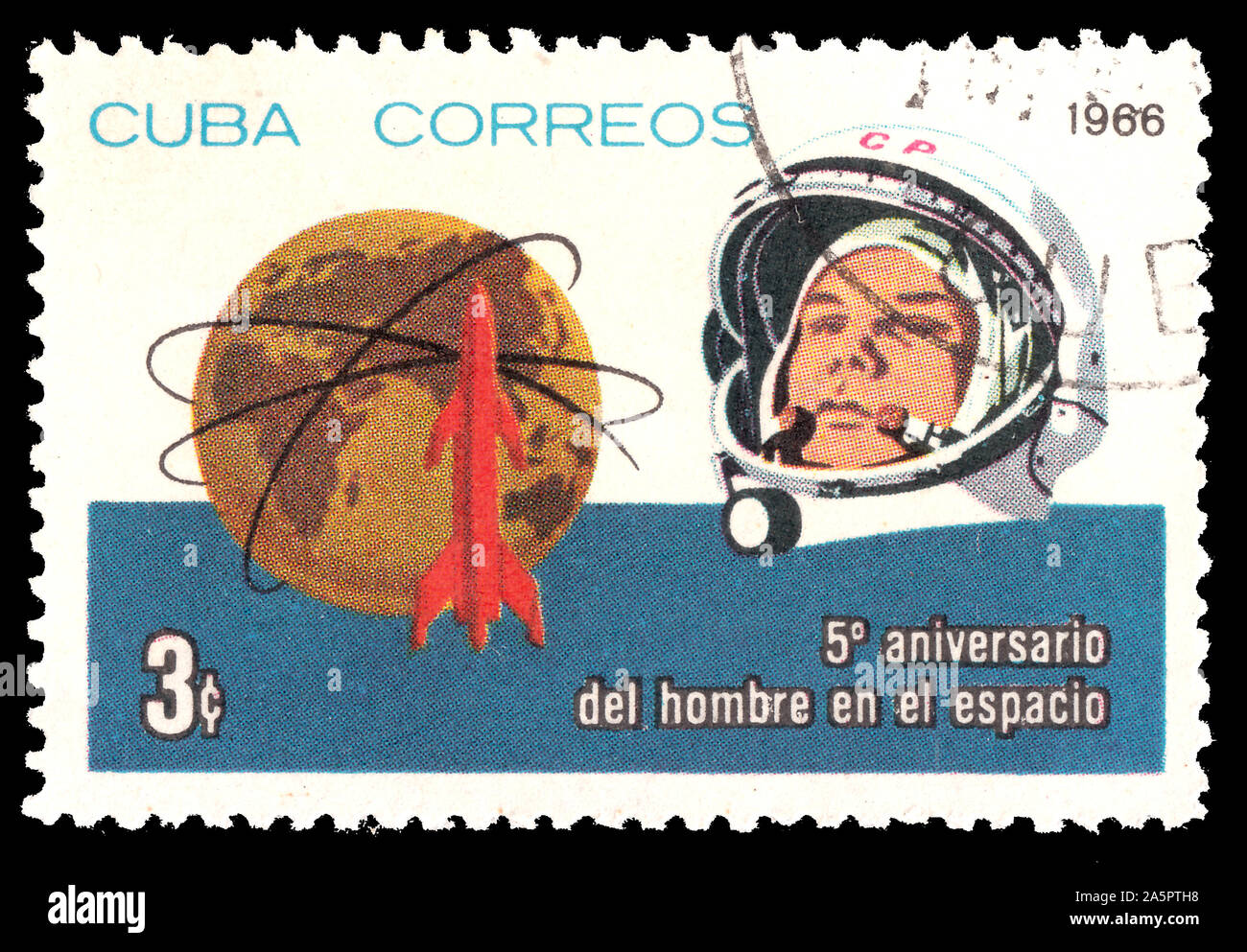 Kuba - ca. 1966: eine Briefmarke in Kuba gedruckt die fünf gewidmet - Jahr Datum des weltweit ersten bemannten Raumfahrt-sowjetischen Kosmonauten Juri Ga Stockfoto
