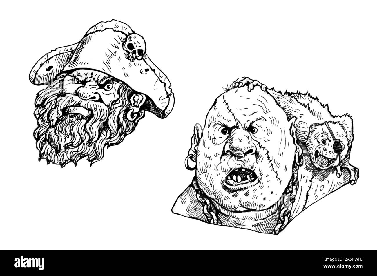 Lustige Pirat mit Affe Zeichnung. Corsair Portrait Illustration. Stockfoto