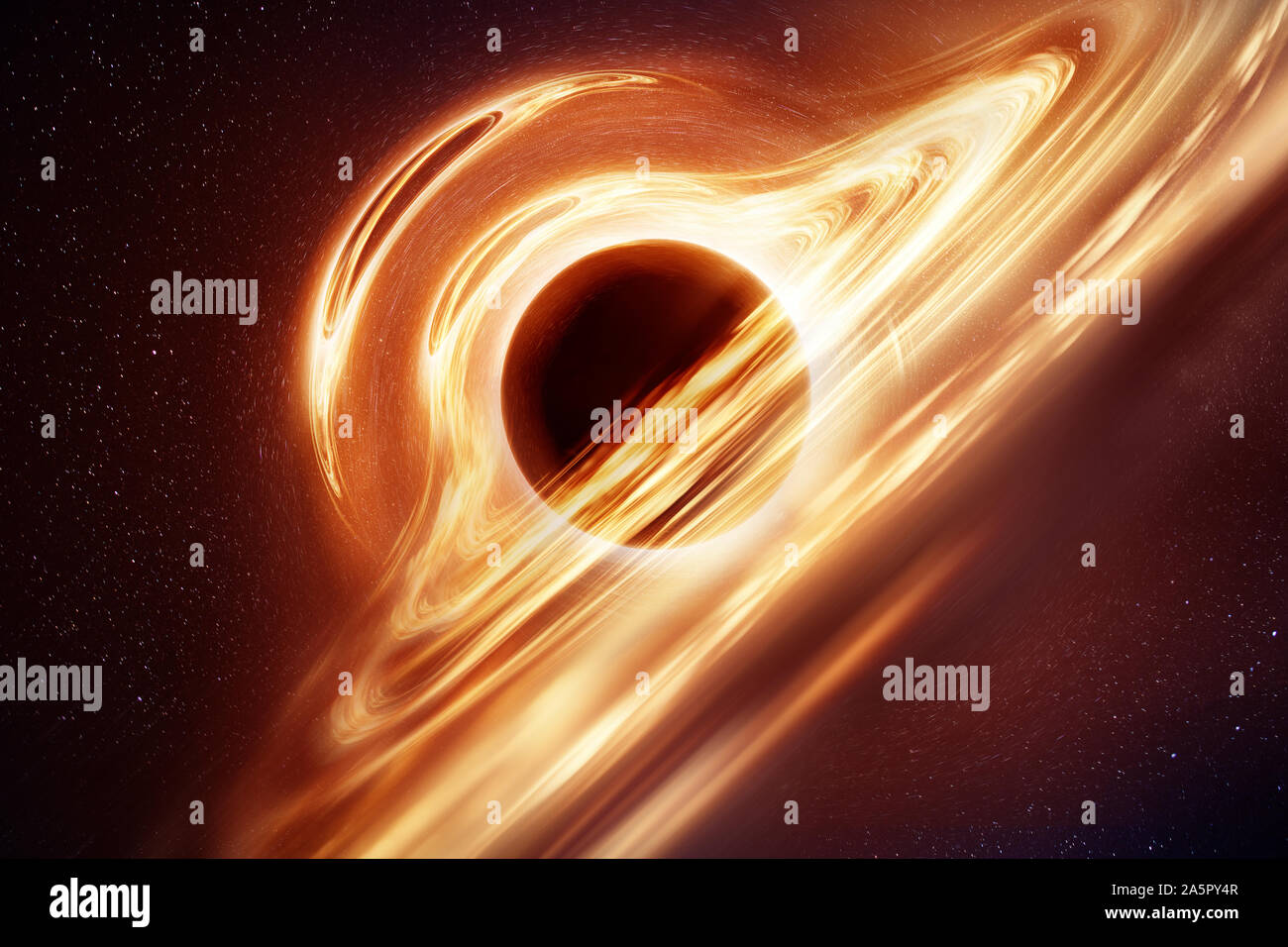 Eine Illustration von dem, was ein Schwarzes Loch mit einer Akkretionsscheibe aussehen kann, basierend auf modernen Verständnis. Die extreme Gravitationsfelder erstellen riesige Stockfoto