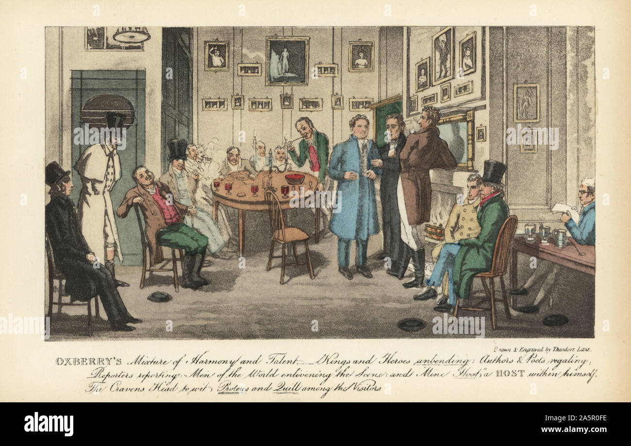 Regency Schauspieler, Journalisten und Autoren, literarische und theatralische Oxberry's Club, die Feiglinge Kopf chophouse, Drury Lane, London. Der Host ist Schauspieler und Herausgeber William Oxberry.. Die Wände sind mit Porträts von London Akteure eingerichtet. Der oxberry Mischung aus Harmonie und Talent. Papierkörbe Kupferstich von Theodore Lane von Pierce Egan das Leben der Schauspieler, Pickering und Chatto, London, 1892 geätzt. Stockfoto