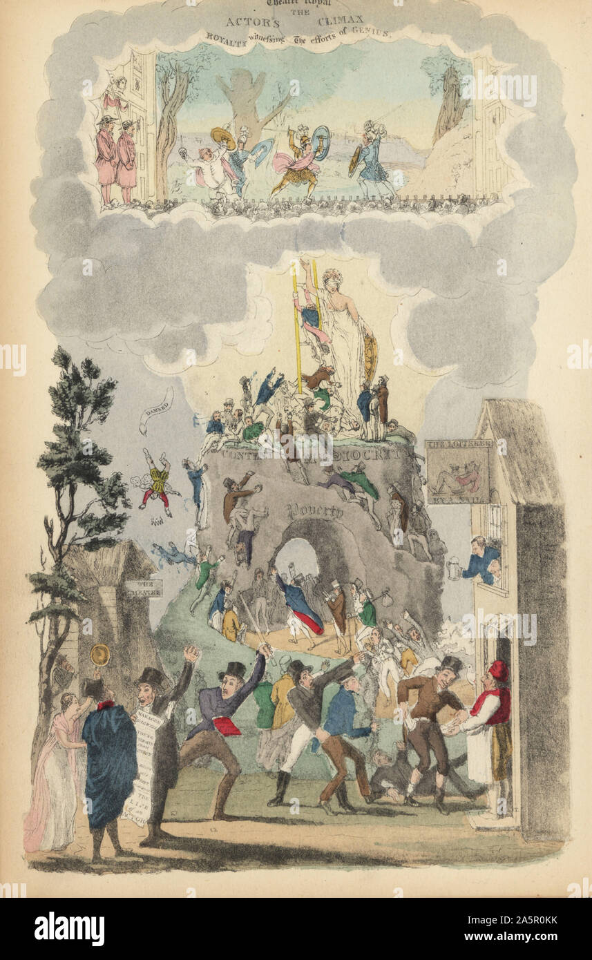 Der Schauspieler Höhepunkt. Frontispiz mit allegorischen Darstellung von Akteuren klettern einen Hügel aus der Armut das Theatre Royal, vorbei an der Loiterer Taverne zu Mittelmäßigkeit. Papierkörbe Kupferstich von Theodore Lane von Pierce Egan das Leben der Schauspieler, Pickering und Chatto, London, 1892 geätzt. Stockfoto