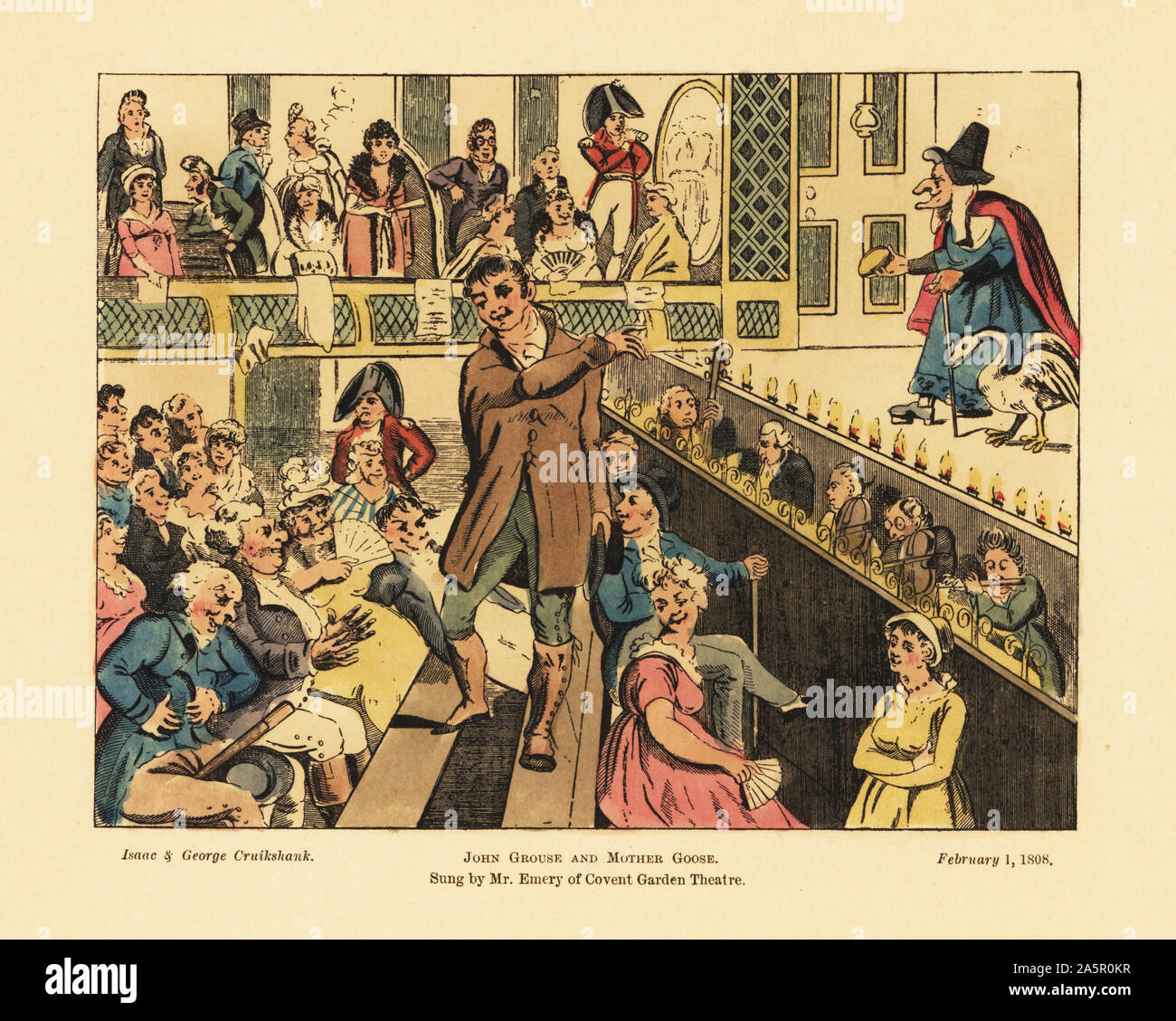 Beliebte Regency Schauspieler John Emery singen die komischen song John Grouse und Mutter Gans im Covent Garden Theatre, London, 1808. Der Schauspieler singt in den Ställen im Publikum, während das Orchester in der Grube spielt, und eine Hexe - wie Mutter Gans Handlungen auf der Bühne. Papierkörbe Kupferstich von Isaac und George Cruikshank vom Cruikshankian Momus, bildliche Einblattdrucke und humorvoll Song-Headings, John C. Nimmo, London, 1892. Stockfoto