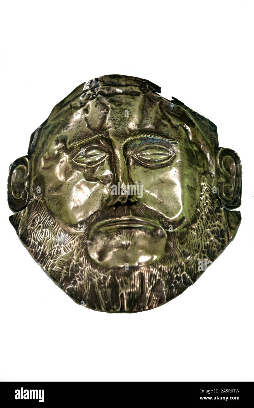 Replica bronze Maske in Mykene Museum, Griechenland Stockfoto