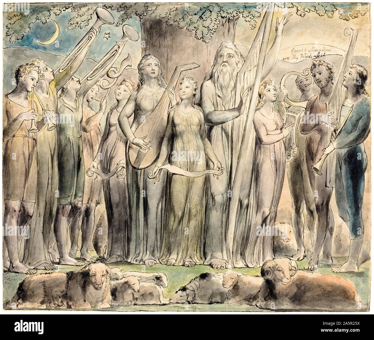 William Blake, Hiob und seine Familie sind wieder in Wohlstand, Aquarellmalerei über Stift und Tinte, Illustration, 1821 Stockfoto