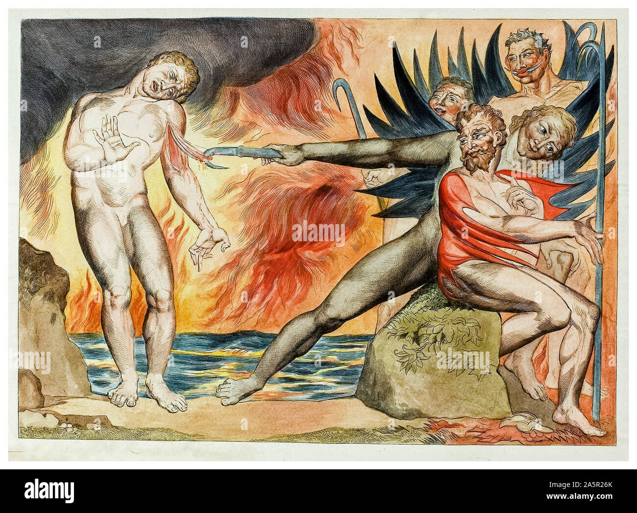 William Blake, Dantes Inferno, der Kreis der korrupten Beamten, die Teufel quälen Ciampolo, Reliefgradierung, handkoloriert, Illustration, 1827 Stockfoto