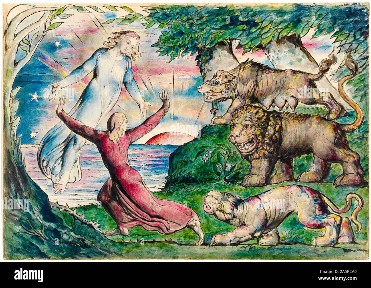 Dantes Inferno, Dante Running from the Three Beasts von William Blake, Reliefradierung, handkoloriert, Illustration, 1824-1827 Stockfoto
